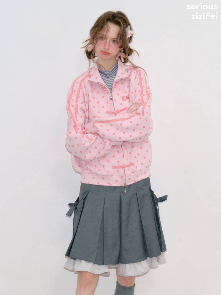 Vibe Retro Lazy Windfall Pink Polka Dots Sweatshirt Zipper Jacket【s0000018746】