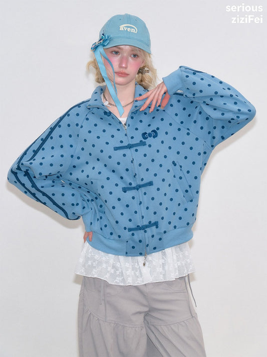 Vibe Retro Lazy Windfall Blue Polka Dots Sweatshirt Zipper Jacket【s0000018747】