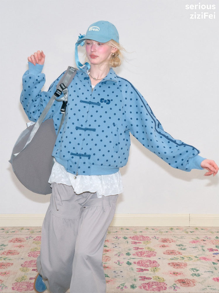 Vibe Retro Lazy Windfall Blue Polka Dots Sweatshirt Zipper Jacket【s0000018747】