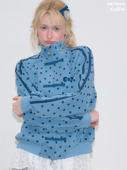 Vibe Retro Lazy Windfall Blue Polka Dots Sweatshirt Zipper Jacket【s0000018747】