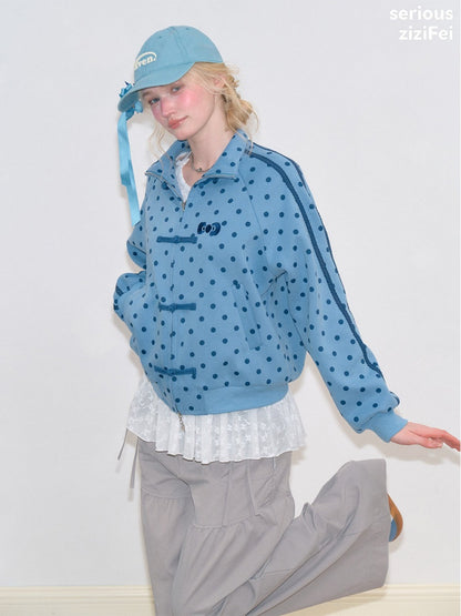 Vibe Retro Lazy Windfall Blue Polka Dots Sweatshirt Zipper Jacket【s0000018747】