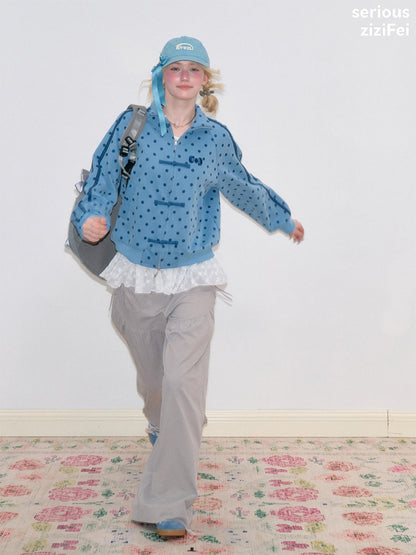 Vibe Retro Lazy Windfall Blue Polka Dots Sweatshirt Zipper Jacket【s0000018747】