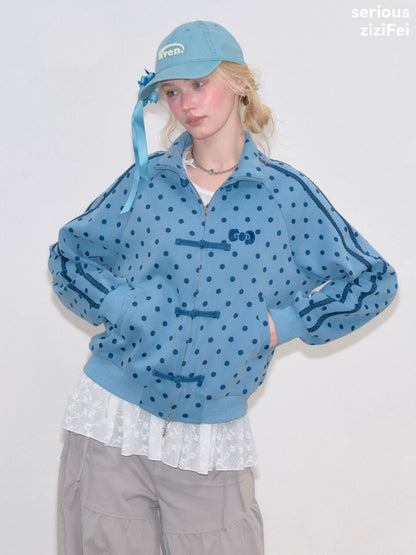 Vibe Retro Lazy Windfall Blue Polka Dots Sweatshirt Zipper Jacket【s0000018747】