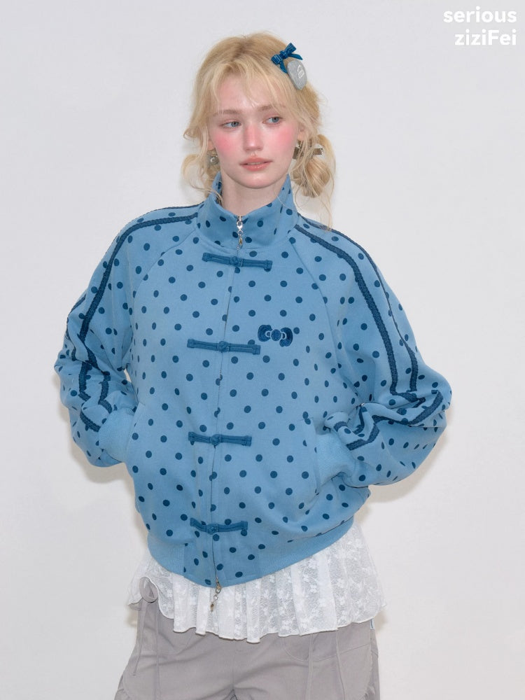 Vibe Retro Lazy Windfall Blue Polka Dots Sweatshirt Zipper Jacket【s0000018747】