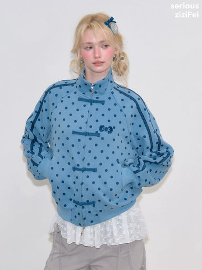 Vibe Retro Lazy Windfall Blue Polka Dots Sweatshirt Zipper Jacket【s0000018747】