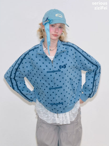 Vibe Retro Lazy Windfall Blue Polka Dots Sweatshirt Zipper Jacket【s0000018747】