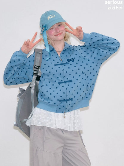 Vibe Retro Lazy Windfall Blue Polka Dots Sweatshirt Zipper Jacket【s0000018747】