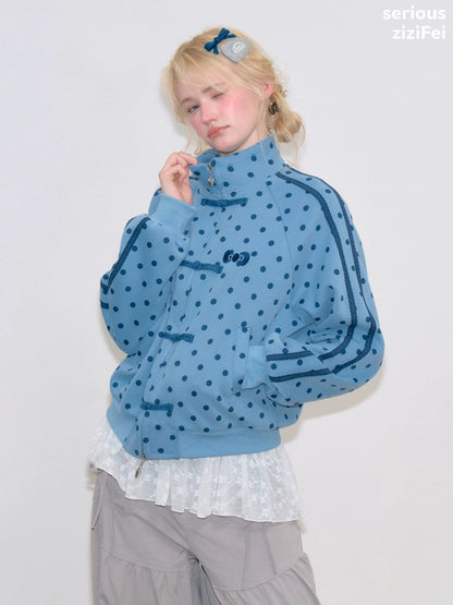 Vibe Retro Lazy Windfall Blue Polka Dots Sweatshirt Zipper Jacket【s0000018747】
