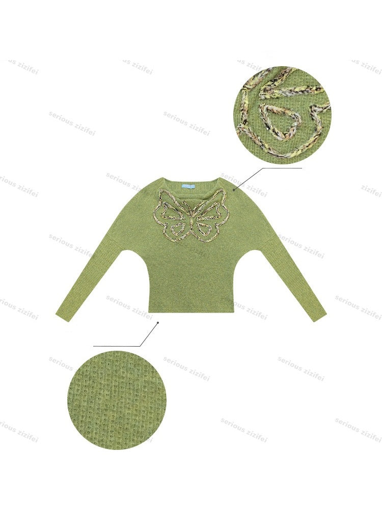 Swing Collar Vintage Butterfly Embroidery Green Long-Sleeve Knit T-Shirt【s0000018748】