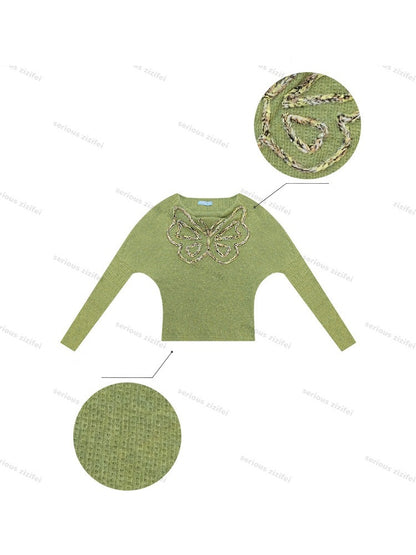 Swing Collar Vintage Butterfly Embroidery Green Long-Sleeve Knit T-Shirt【s0000018748】