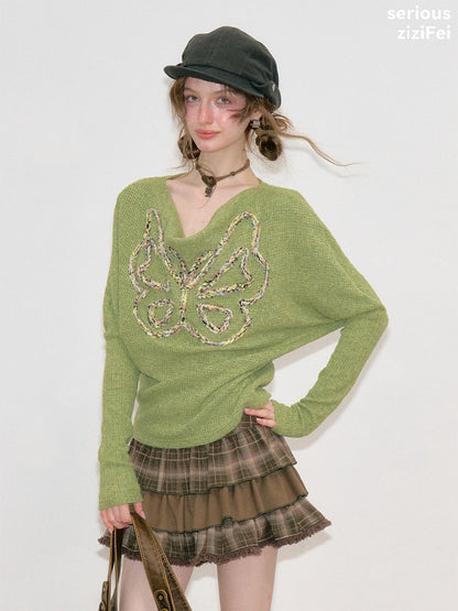Swing Collar Vintage Butterfly Embroidery Green Long-Sleeve Knit T-Shirt【s0000018748】