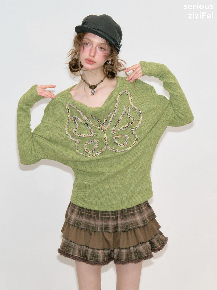 Swing Collar Vintage Butterfly Embroidery Green Long-Sleeve Knit T-Shirt【s0000018748】