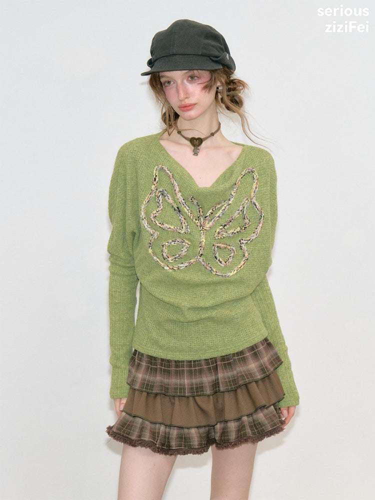 Swing Collar Vintage Butterfly Embroidery Green Long-Sleeve Knit T-Shirt【s0000018748】