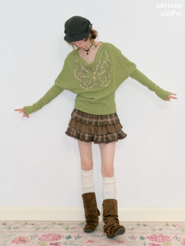 Swing Collar Vintage Butterfly Embroidery Green Long-Sleeve Knit T-Shirt【s0000018748】