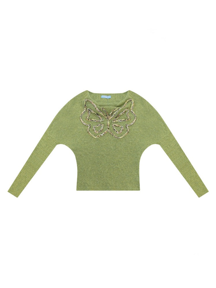 Swing Collar Vintage Butterfly Embroidery Green Long-Sleeve Knit T-Shirt【s0000018748】