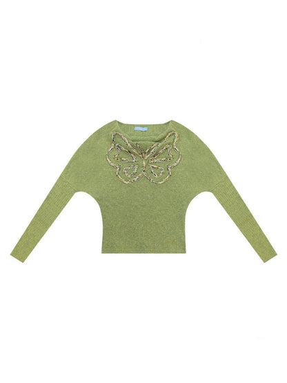 Swing Collar Vintage Butterfly Embroidery Green Long-Sleeve Knit T-Shirt【s0000018748】