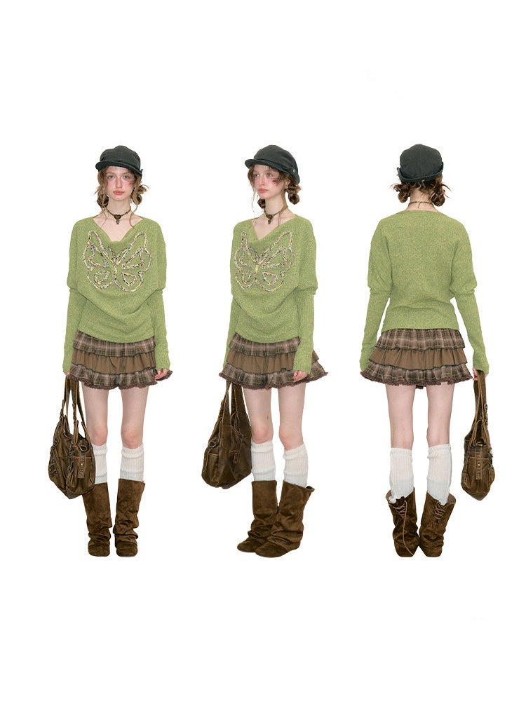 Swing Collar Vintage Butterfly Embroidery Green Long-Sleeve Knit T-Shirt【s0000018748】