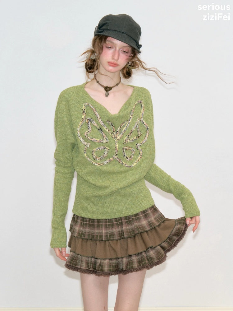 Swing Collar Vintage Butterfly Embroidery Green Long-Sleeve Knit T-Shirt【s0000018748】