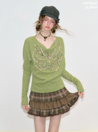Swing Collar Vintage Butterfly Embroidery Green Long-Sleeve Knit T-Shirt【s0000018748】