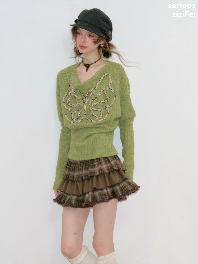 Swing Collar Vintage Butterfly Embroidery Green Long-Sleeve Knit T-Shirt【s0000018748】