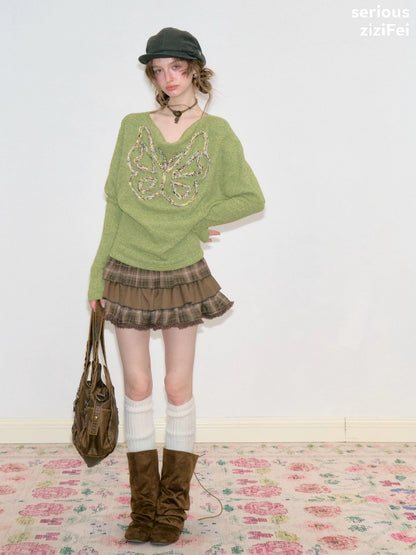 Swing Collar Vintage Butterfly Embroidery Green Long-Sleeve Knit T-Shirt【s0000018748】