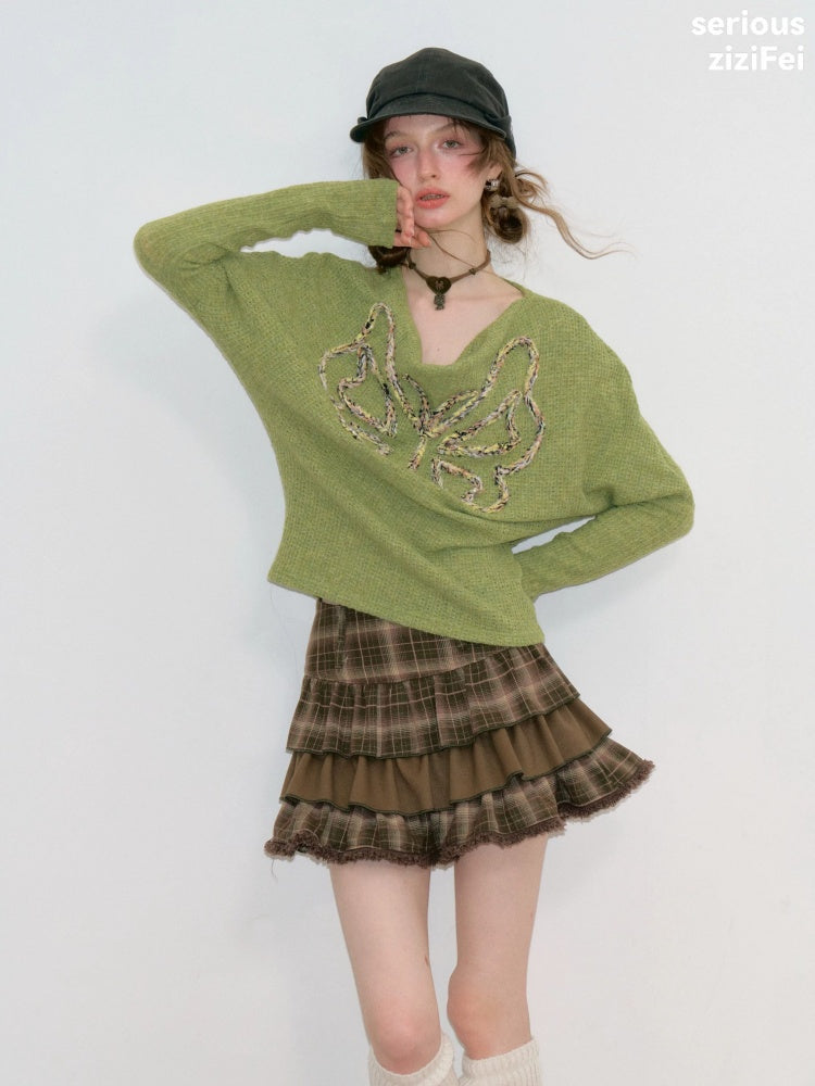 Swing Collar Vintage Butterfly Embroidery Green Long-Sleeve Knit T-Shirt【s0000018748】