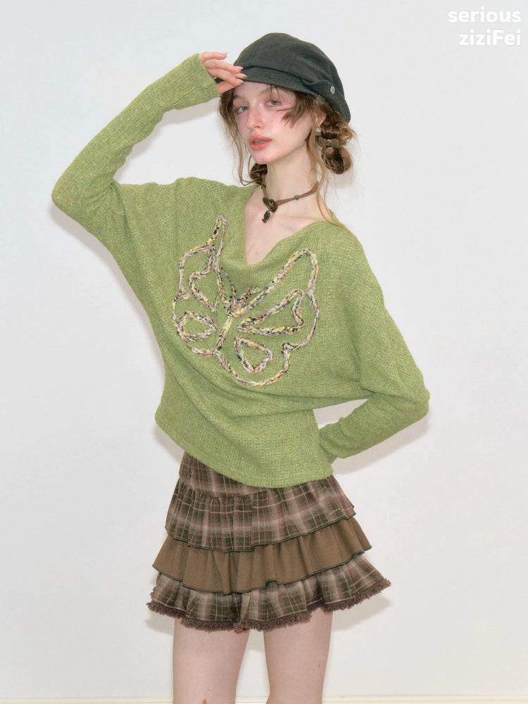 Swing Collar Vintage Butterfly Embroidery Green Long-Sleeve Knit T-Shirt【s0000018748】