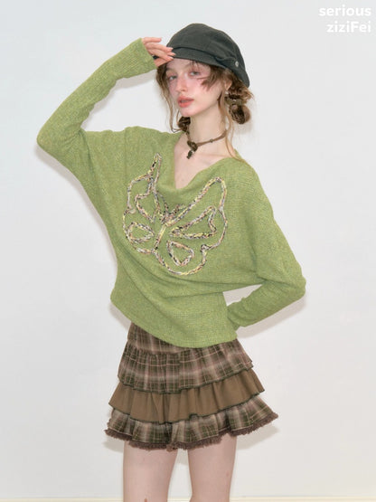Swing Collar Vintage Butterfly Embroidery Green Long-Sleeve Knit T-Shirt【s0000018748】