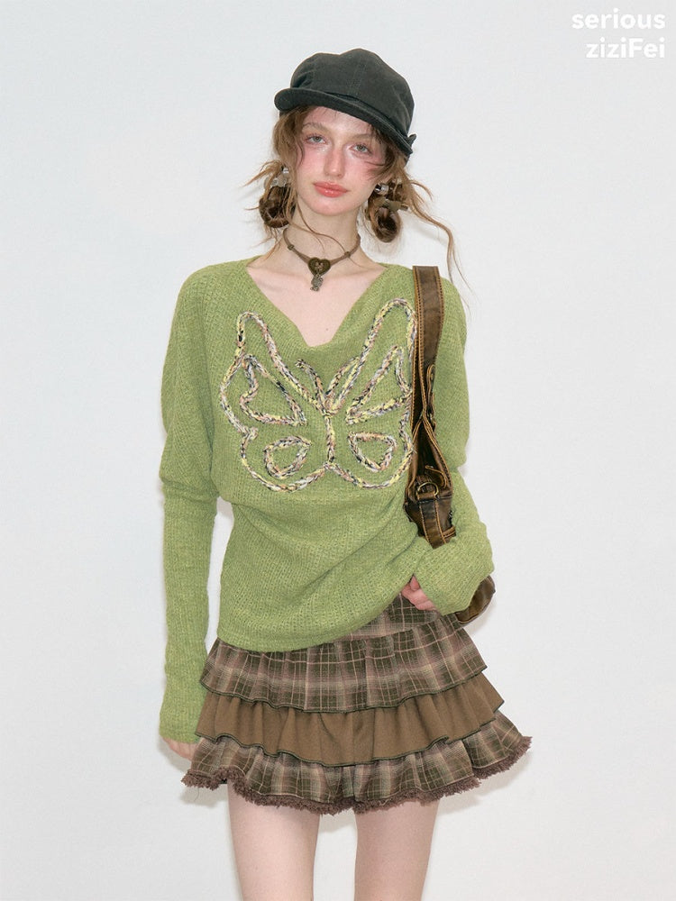 Swing Collar Vintage Butterfly Embroidery Green Long-Sleeve Knit T-Shirt【s0000018748】