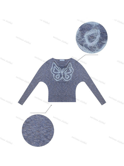 Swing Collar Vintage Butterfly Embroidery Blue Long-Sleeve Knit T-Shirt【s0000018749】