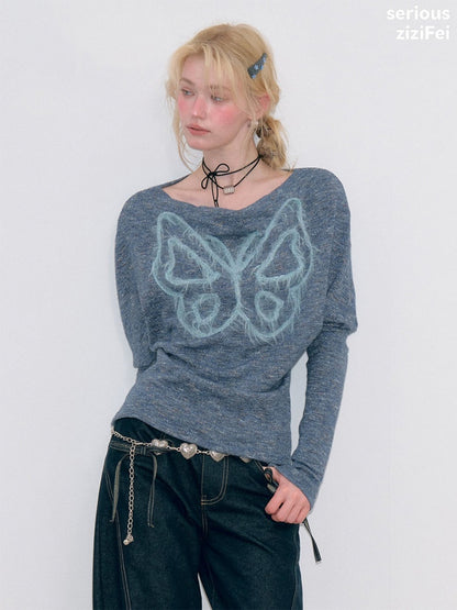 Swing Collar Vintage Butterfly Embroidery Blue Long-Sleeve Knit T-Shirt【s0000018749】