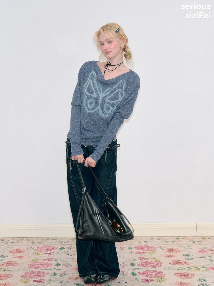 Swing Collar Vintage Butterfly Embroidery Blue Long-Sleeve Knit T-Shirt【s0000018749】