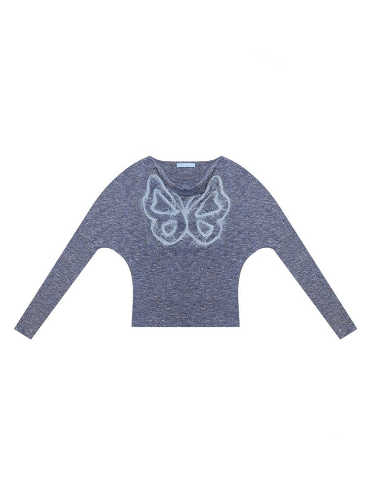 Swing Collar Vintage Butterfly Embroidery Blue Long-Sleeve Knit T-Shirt【s0000018749】