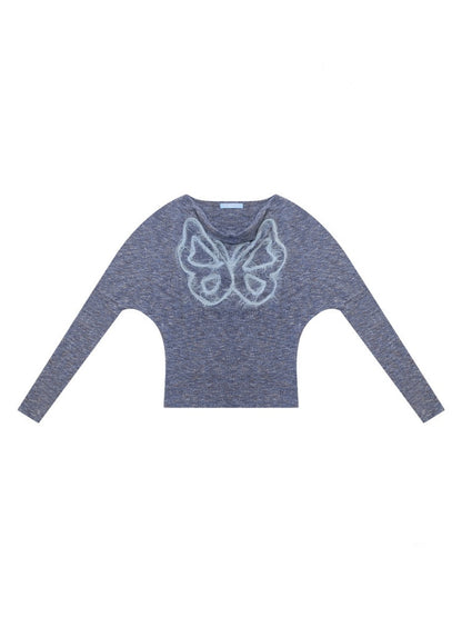 Swing Collar Vintage Butterfly Embroidery Blue Long-Sleeve Knit T-Shirt【s0000018749】
