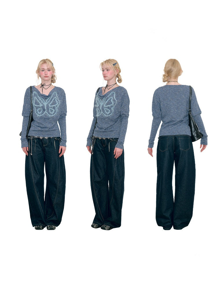 Swing Collar Vintage Butterfly Embroidery Blue Long-Sleeve Knit T-Shirt【s0000018749】
