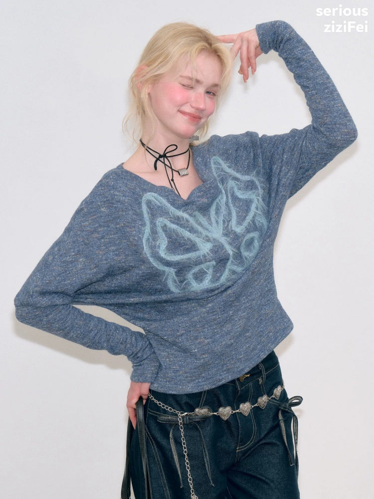Swing Collar Vintage Butterfly Embroidery Blue Long-Sleeve Knit T-Shirt【s0000018749】