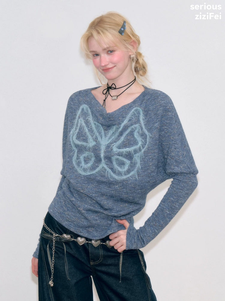 Swing Collar Vintage Butterfly Embroidery Blue Long-Sleeve Knit T-Shirt【s0000018749】