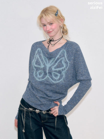 Swing Collar Vintage Butterfly Embroidery Blue Long-Sleeve Knit T-Shirt【s0000018749】