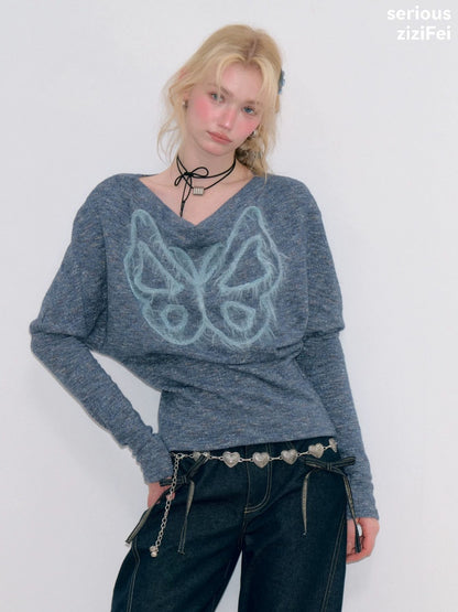 Swing Collar Vintage Butterfly Embroidery Blue Long-Sleeve Knit T-Shirt【s0000018749】