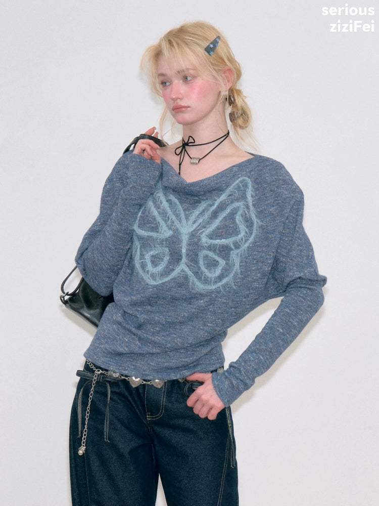 Swing Collar Vintage Butterfly Embroidery Blue Long-Sleeve Knit T-Shirt【s0000018749】