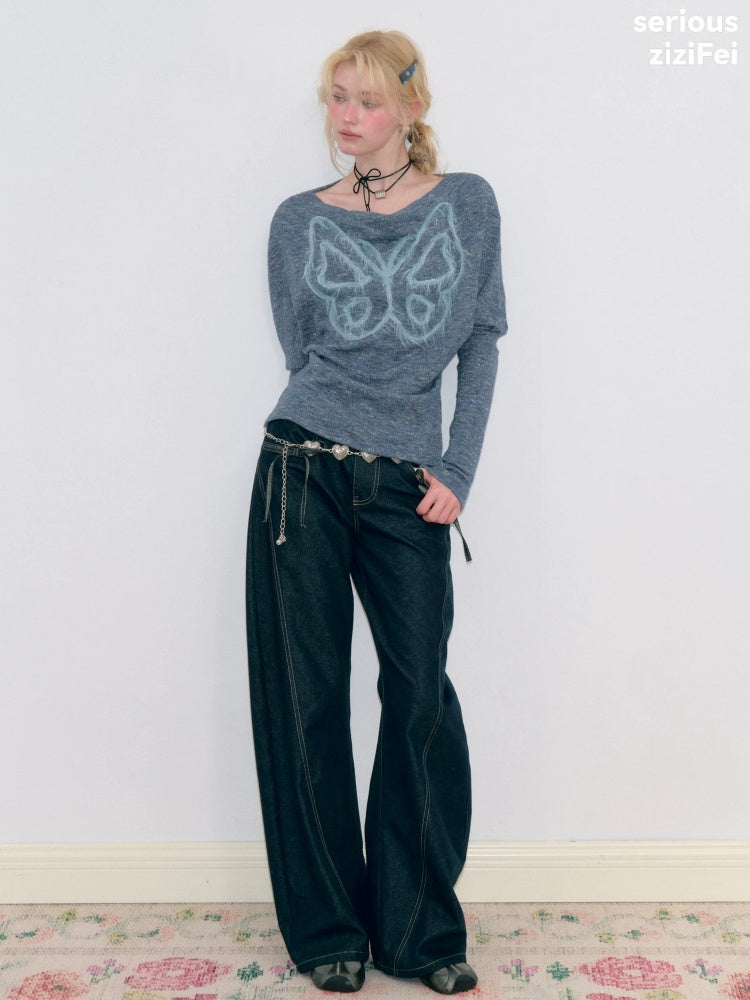 Swing Collar Vintage Butterfly Embroidery Blue Long-Sleeve Knit T-Shirt【s0000018749】