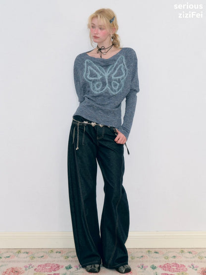 Swing Collar Vintage Butterfly Embroidery Blue Long-Sleeve Knit T-Shirt【s0000018749】