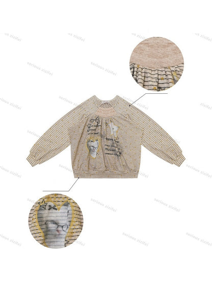 Striped Khaki Cat Print Loose Lazy Crew Neck Sweatshirt【s0000018750】