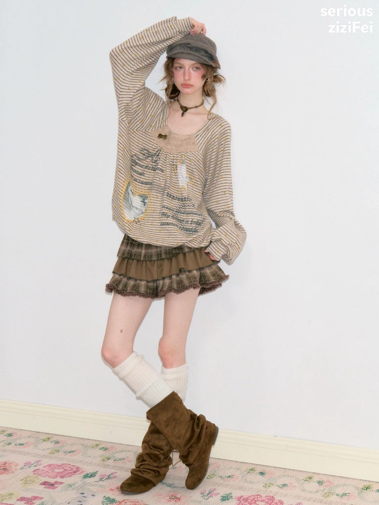 Striped Khaki Cat Print Loose Lazy Crew Neck Sweatshirt【s0000018750】