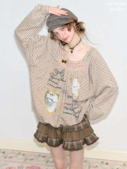 Striped Khaki Cat Print Loose Lazy Crew Neck Sweatshirt【s0000018750】