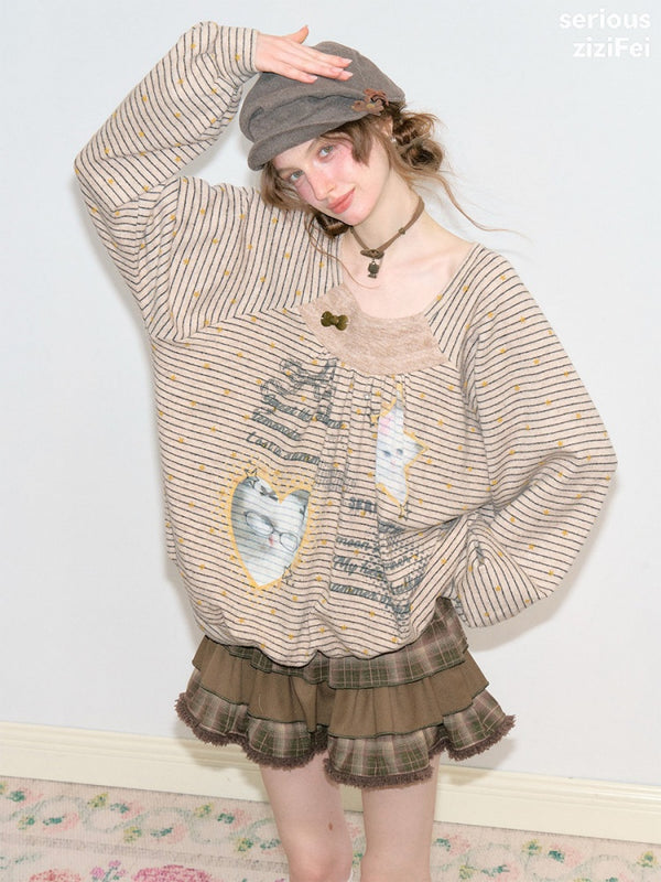 Striped Khaki Cat Print Loose Lazy Crew Neck Sweatshirt【s0000018750】