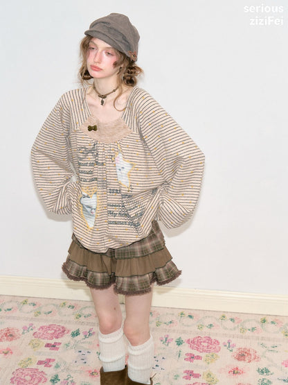 Striped Khaki Cat Print Loose Lazy Crew Neck Sweatshirt【s0000018750】