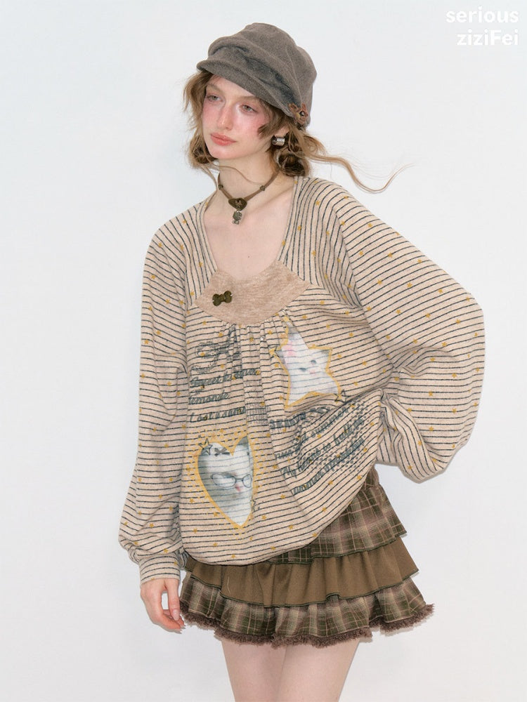 Striped Khaki Cat Print Loose Lazy Crew Neck Sweatshirt【s0000018750】