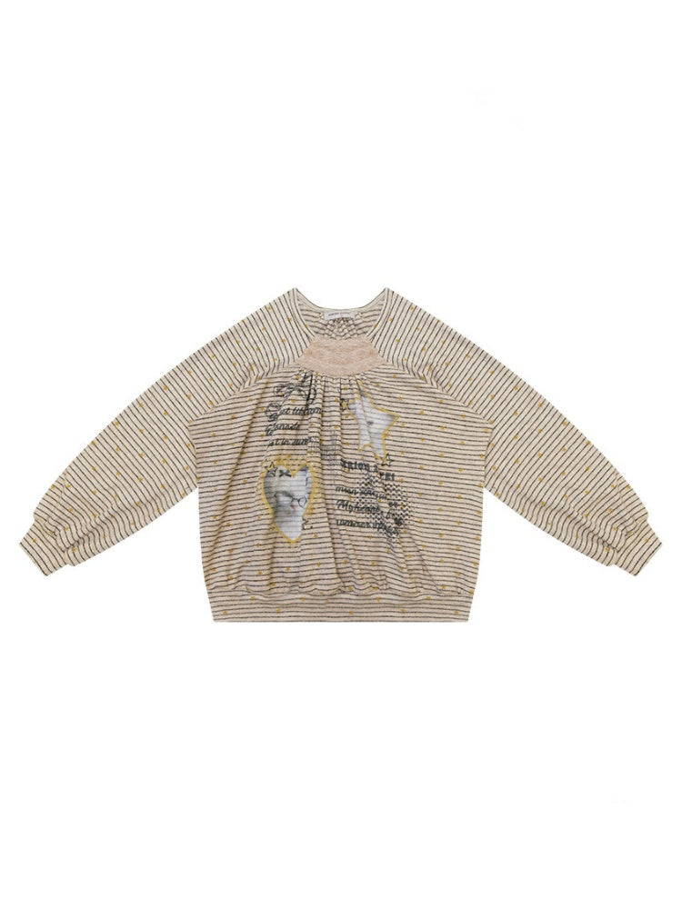 Striped Khaki Cat Print Loose Lazy Crew Neck Sweatshirt【s0000018750】
