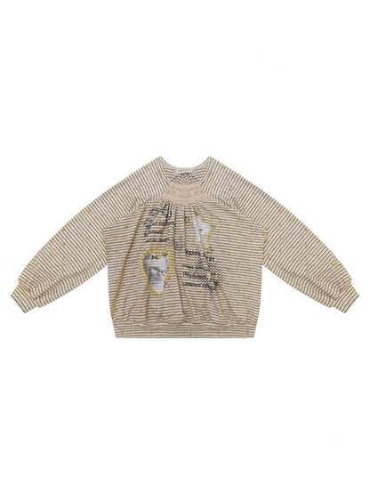 Striped Khaki Cat Print Loose Lazy Crew Neck Sweatshirt【s0000018750】